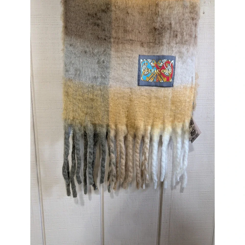 Celtic Ore Knitwear‎ Irish Wool Blend Plaid Scarf Mustard Taupe Fringe  Ireland